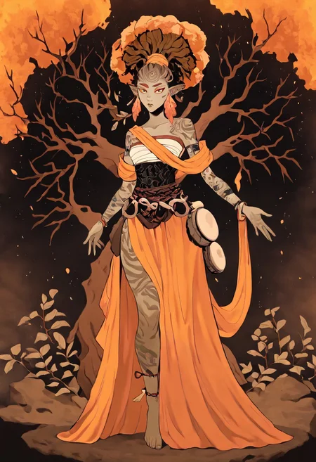 masterpiece, best quality, newest, absurdres, highres, AGPV1.1, orange backgrond, monochrome,
1girl, EURY-V1.1, tree, tree on head, tree hair, plant girl, plant hair, orange eyebrows, plant humanoid, dryad, jewelry, yellow hair, tattoo, anklet, sarashi,