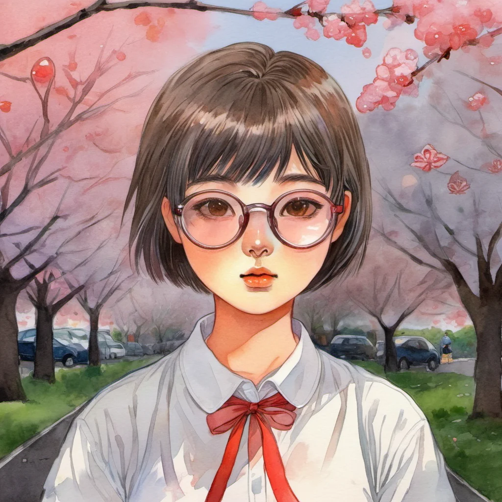 water color,1girl,solo,shirt,short hair,white shirt,red ribbon,ribbon,parted lips,looking at viewer,neck ribbon,collared shirt,cherry blossoms,brown eyes,brown hair,glasses,black hair,bangs,tinted eyewear,watercolor,texture,