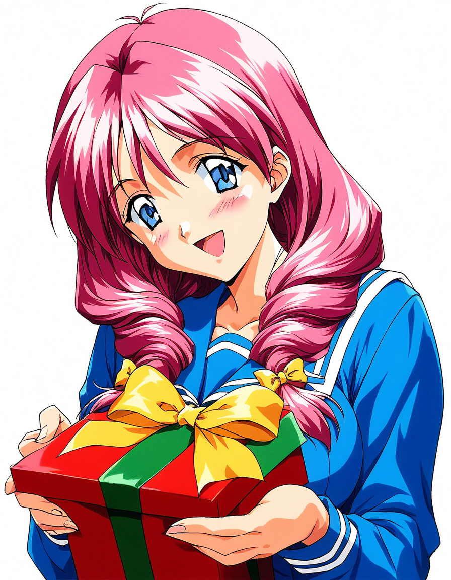 score_9, score_8_up, score_7_up, source_anime, rating_explicit, BREAK  <lora:Shirayuki_Mahoï¼Shirayuki_Miho_XL:1> shirayuki, pink hair, blue eyes, long hair, large breasts, hair over shoulder, 1990s (style), 
school uniform, retro artstyle, holding, long sleeves, gift, open mouth, yellow bow, holding gift, upper body, bow, smile, simple background, serafuku, blush, white background, box