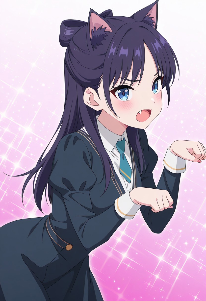 (absurdres, best quality, masterpiece:1.4), amazing quality, highres, newest, detailed, detailed body, detailed face, source anime, anime coloring, beautiful, petite, sparkles background, kemonomimi mode, 
BREAK
WWNemu, 1girl, solo, meowing, nyan, NemuAniHu, dark purple hair, cat ears, parted bangs, half updo, blue eyes, v-neck dress, white inner collared shirt, Short necktie, juliet sleeves, long skirt, paw pose, fang, cute