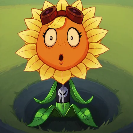 score_9, score_8_up, score_7_up, BREAK, 1girl, solo, sunflower, flower girl, flora fauna, red goggles, leaf arms, leaf legs, yellow petals, orange face, freckles, green body, goggles, flower, goggles on head, looking at viewer, shocked, surprised, wide-eyed, open mouth, :o, grass, outdoors