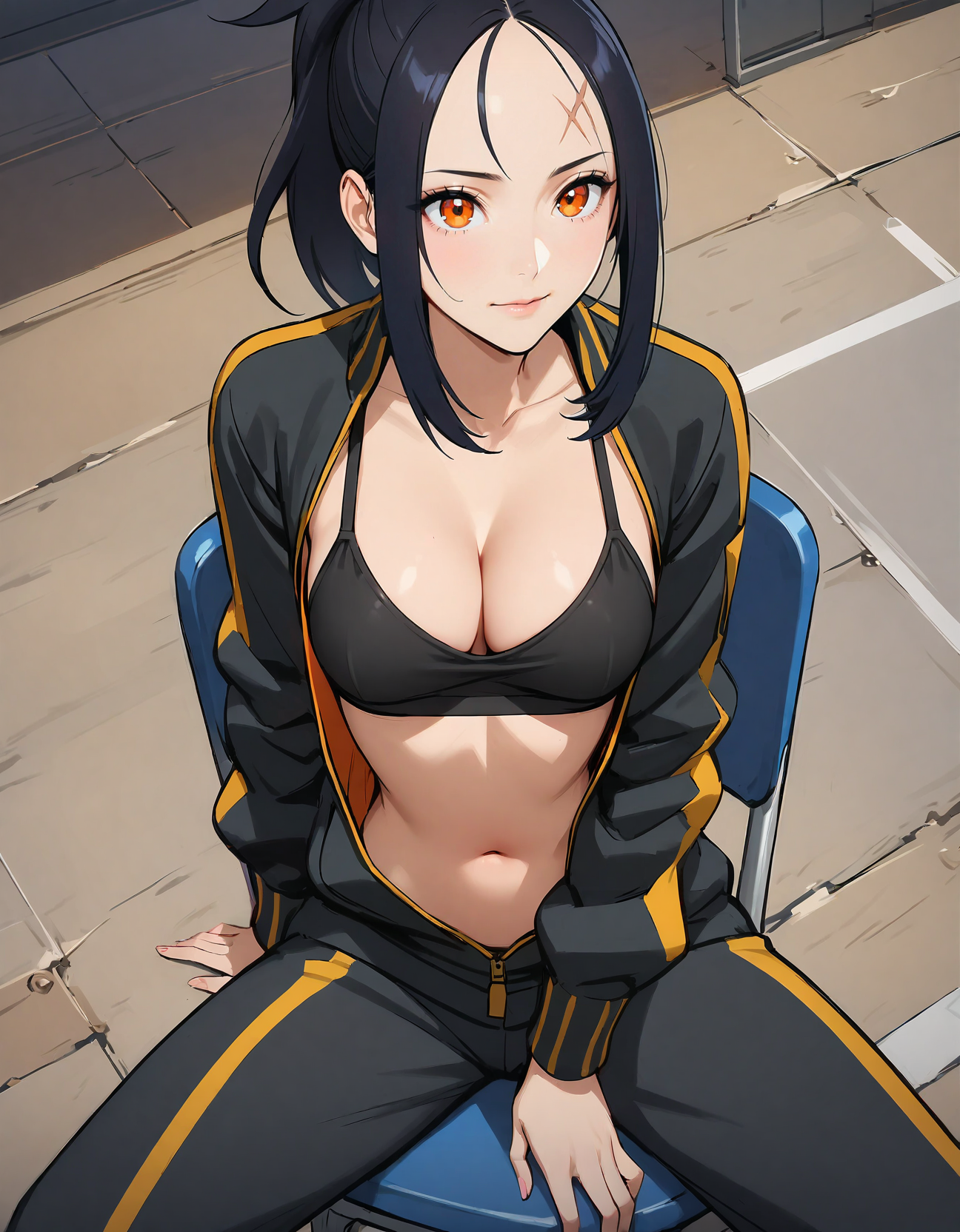 (masterpiece, best quality, high quality:1.3), (anime:1.2), (realistic:0.7), facing sideways, (contrasting colors, bright colors:1.1), 1girl, (Dendra_PKMN_SDXL, ponytail, adult, mature:1.2) , (long hair, black hair, orange eyes, scar on forehead, black jacket), (spreading legs, tt_saggy,  saggy, long thin breasts, thin breasts, black sportsbra, cleavage, skimpy, sitting on chair:1.3), (in arena, detailed background)