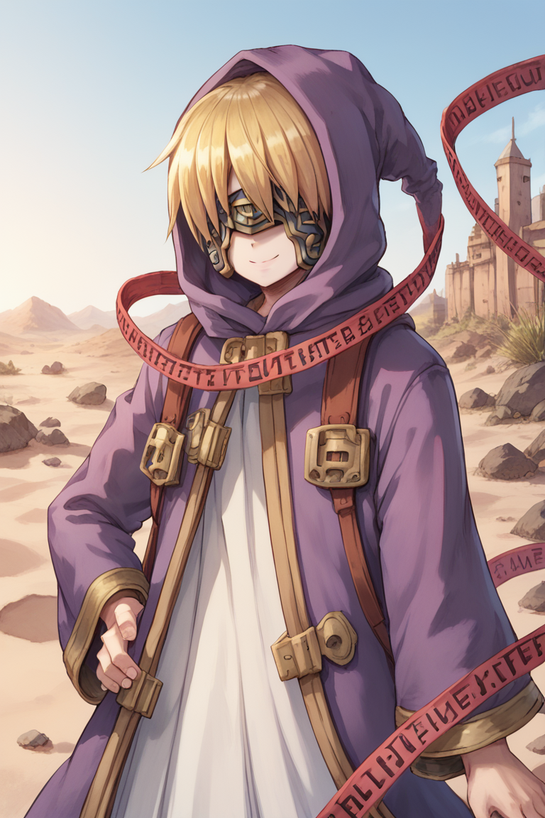 (score_9, score_8_up, score_7_up, score_6_up), source anime, BREAK, solo, <lora:NessiahPonyXL:0.70> , nesdef, 1boy, blonde hair, mask, covered eyes, hooded robe, hood up, robe, purple robe,  caution tape, red caution tape, book, exterior, desert, wasteland, fortress, castle, (cowboy shot, ), (hand on hip), smile, closed mouth,  <lora:zy_Detailed_Backgrounds_v1:0.5> , detailed background, highly detailed,   <lora:backgroundsetXL:0.4> , background,  <lora:m4gXLP:0.6> , m4g,