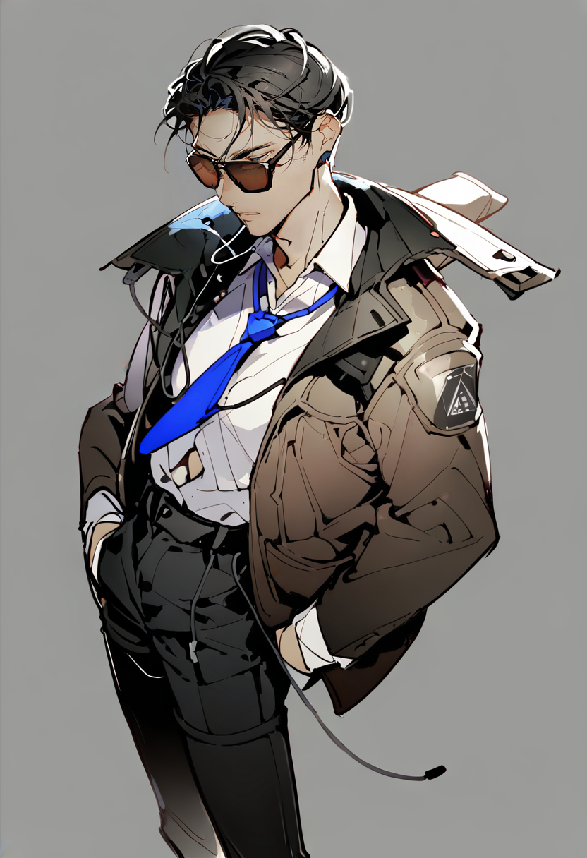 score_9, score_8_up, score_7_up, score_6_up, <lora:yoneyamaiXL_4T_lokrV_53P1:0.95> 1boy, male focus, blue necktie, solo, shirt, necktie, crypto \(apex legends\), pants, sunglasses, black hair, hands in pockets, white shirt, jacket, collared shirt, black pants, grey background, simple background, earphones