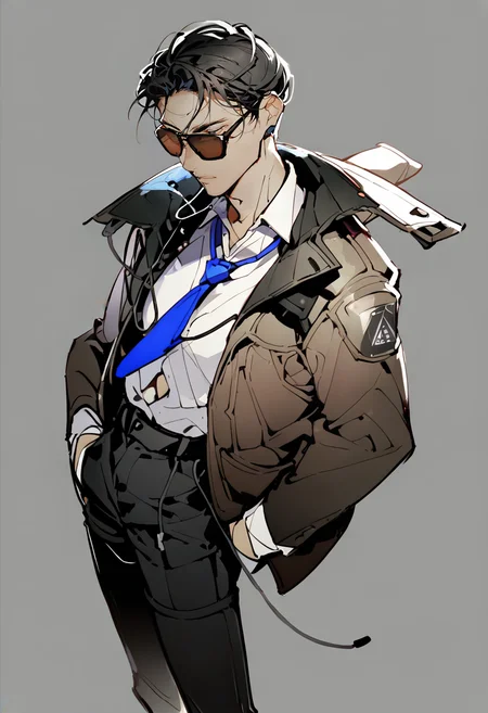 score_9, score_8_up, score_7_up, score_6_up, <lora:yoneyamaiXL_4T_lokrV_53P1:0.95> 1boy, male focus, blue necktie, solo, shirt, necktie, crypto \(apex legends\), pants, sunglasses, black hair, hands in pockets, white shirt, jacket, collared shirt, black pants, grey background, simple background, earphones