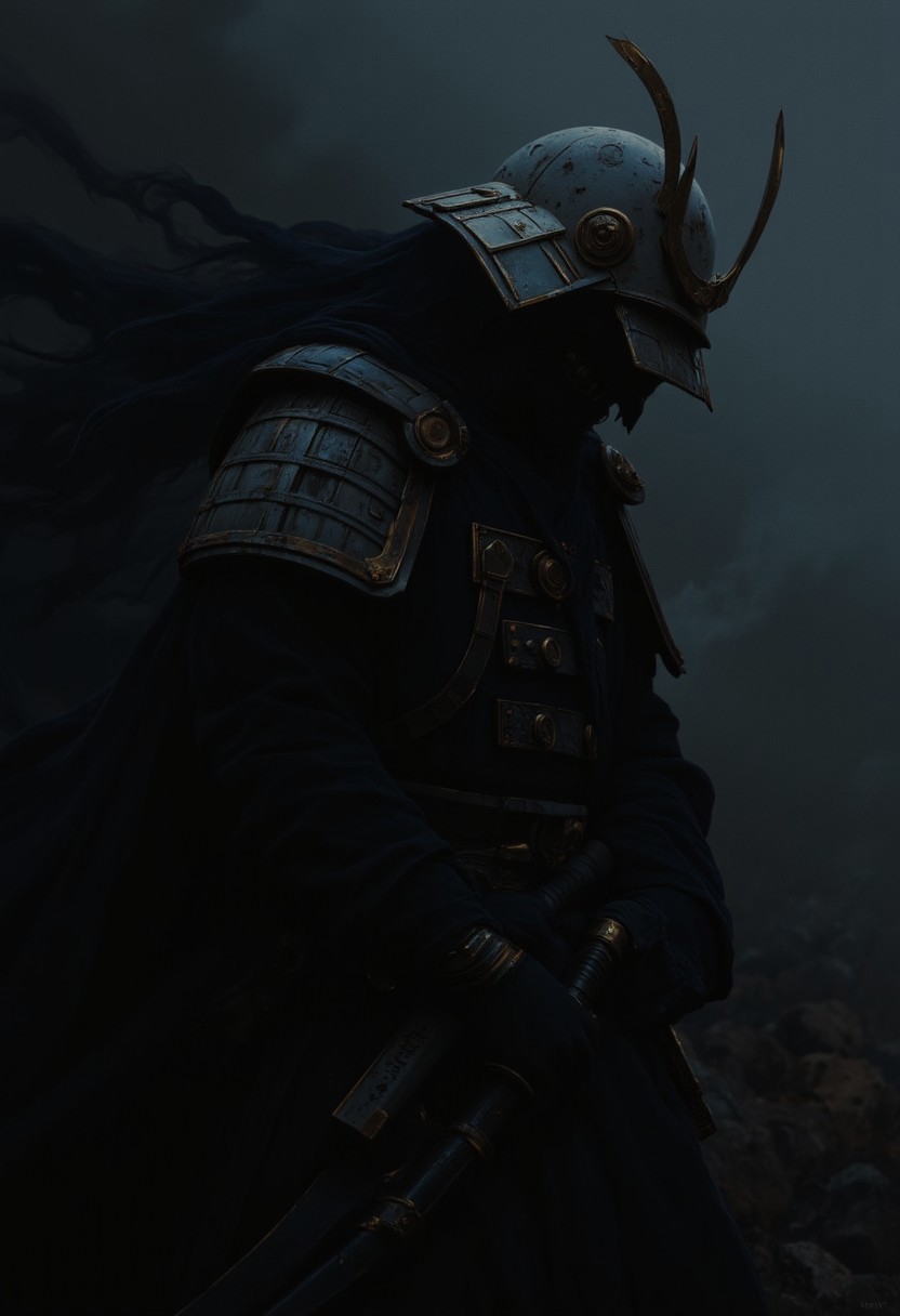 A silhouette of a samurai warrior emerges in the darkness, shrouded in an eerie, fog-covered battlefield. His form is barely visible, a shadow of menace cutting through the thick haze. The once-vibrant colors are now washed out, leaving behind only a ghostly, pale spectrum of whites and grays. The weathered kabuto helmet, with its fading blue scarf, is an ominous shape, obscuring his face completely, making him appear faceless and more terrifying. His katana, though still gleaming faintly, is swallowed by the dark, reflecting only brief glints of light as if from a distant, dying star.
The warrior's white armor is no longer detailed, reduced to a silhouette, jagged and sharp against the backdrop of the gloomy battlefield. The flowing haori, once black, now blends into the swirling mists. There is no contrast, only the suffocating presence of darkness. His sandals, once visible beneath his armor, are lost in the shadows, giving the impression that he hovers above the ground like a wraith.
The atmosphere is thick, the air heavy with dread, and the swirling fog feels alive, twisting violently in a storm of barely-contained chaos. The once vibrant scene now bleeds emotion, fear, and an unsettling quiet. The deep blacks and grays paint a scene of despair and isolation, as if the warrior is a phantom, ready to strike but never fully seen.