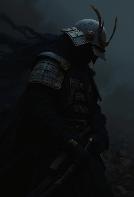A silhouette of a samurai warrior emerges in the darkness, shrouded in an eerie, fog-covered battlefield. His form is barely visible, a shadow of menace cutting through the thick haze. The once-vibrant colors are now washed out, leaving behind only a ghostly, pale spectrum of whites and grays. The weathered kabuto helmet, with its fading blue scarf, is an ominous shape, obscuring his face completely, making him appear faceless and more terrifying. His katana, though still gleaming faintly, is swallowed by the dark, reflecting only brief glints of light as if from a distant, dying star.
The warrior's white armor is no longer detailed, reduced to a silhouette, jagged and sharp against the backdrop of the gloomy battlefield. The flowing haori, once black, now blends into the swirling mists. There is no contrast, only the suffocating presence of darkness. His sandals, once visible beneath his armor, are lost in the shadows, giving the impression that he hovers above the ground like a wraith.
The atmosphere is thick, the air heavy with dread, and the swirling fog feels alive, twisting violently in a storm of barely-contained chaos. The once vibrant scene now bleeds emotion, fear, and an unsettling quiet. The deep blacks and grays paint a scene of despair and isolation, as if the warrior is a phantom, ready to strike but never fully seen.