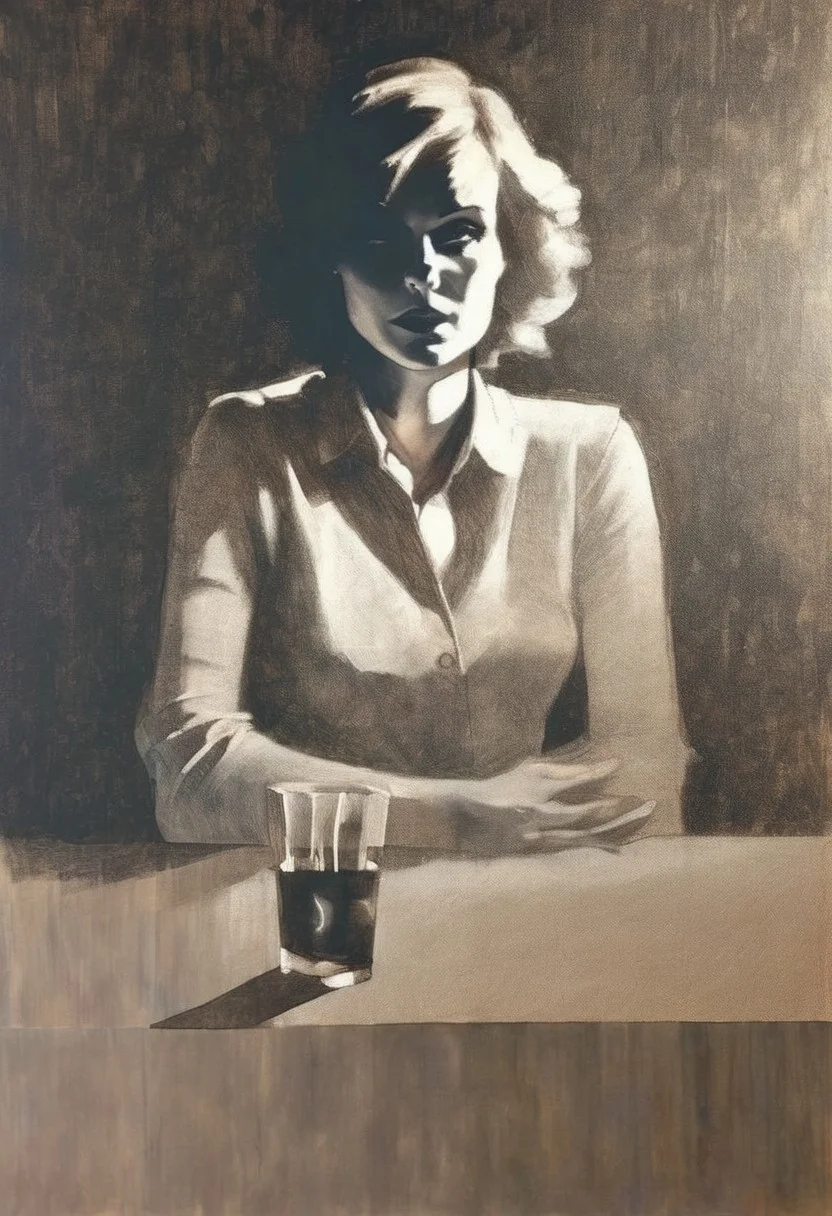 artmix06 woman at a bar, chiaroscuro shadow, detailed