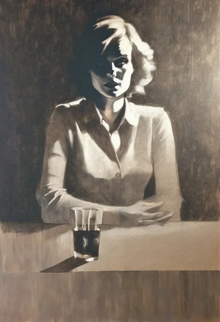 artmix06 woman at a bar, chiaroscuro shadow, detailed