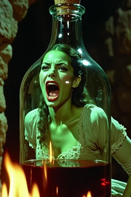 low quality 1980 movie screengrab of An upclose vivid portrayal of a fantastical scene. The main subject is a green-skinned woman, humanoid vampire screaming with visible fang while she is trapped inside in an object that appears to be a giant potion bottle. The woman is wearing a 17th century attire and her eyes are wide open, giving her an intense look. The background is dark, with a hint of a stone structure, possibly a temple or fortress, and there are flames at the bottom, adding to the magical ambiance. The overall color palette is dominated by earthy tones, with the green of the woman standing out against the darker surroundings ,vntgfnts style ,film grain,cinematic,blurry,lowres