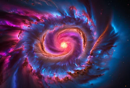 a dynamic and breathtaking image of the universe with vibrant colors and dramatic lighting. Show a swirling nebula in the foreground with bright, intense hues of blue, purple, and pink. In the background, depict a distant galaxy with spiraling arms and scattered stars. Include a supernova explosion, radiating brilliant light, and a mesmerizing black hole at the center, with cosmic debris swirling around it. Add a hint of distant planets and asteroids to create a sense of scale and depth. Make the entire scene feel alive and constantly in motion.