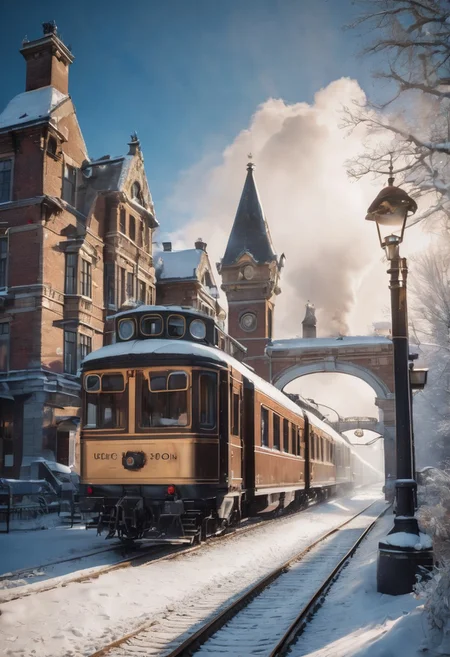 Christmas scenery, snow covered trainstation,  train, dappled sunlight, historic buildings, diamond dust, sunlight,  blue sky, day, beautiful view, mysterious glow, beautiful clouds, depth of field, masterpiece, best quality, 8k, ultra-detailed, very aesthetic, superb composition, finest details, intricate details, absurdres, high contrast,