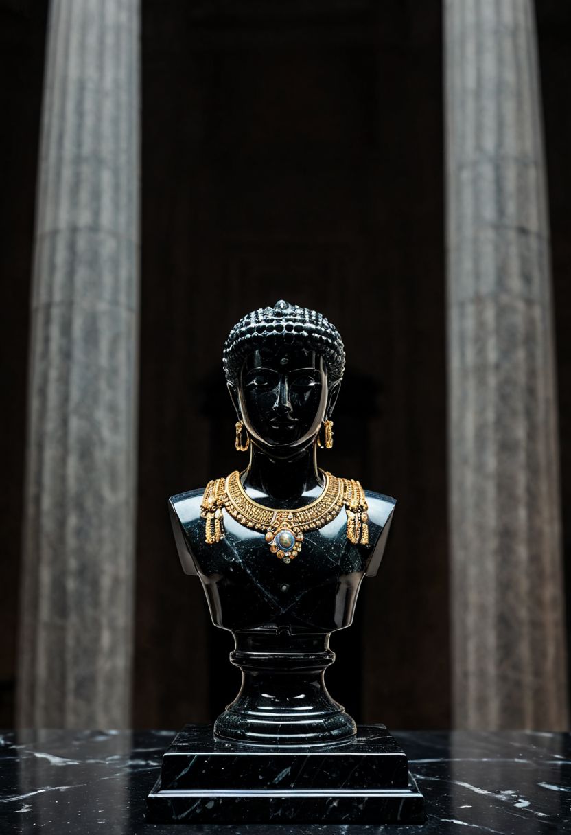 Fujifilm XT3, Sony A7 IV, (award winning photography) a (black: 0.79) marble simple stylized baal haddad (fetish-idol) made of opal (Kintsugi: 0.89) set on a pedestal in temple, glistening. in the background beautiful pillars, divine (iridescent: 0.79), opalescent textures, volumetric light, ethereal, sparkling, studio photo, highly detailed, sharp focus (highest quality: 1.39) (highest coherency: 1.39) (award winning photography), highly detailed photography, (muted colors, cinematic, dim colors, soothing tones:1.2), vibrant, insanely detailed, hyperdetailed, (dark shot:1.2), (vsco:0.3), (intricate details:0.9), (hdr, hyperdetailed:1.2) (vignette), sss, raw photo, fijifilm, kodak, cinematic film grain, mesopotamian, babylonian