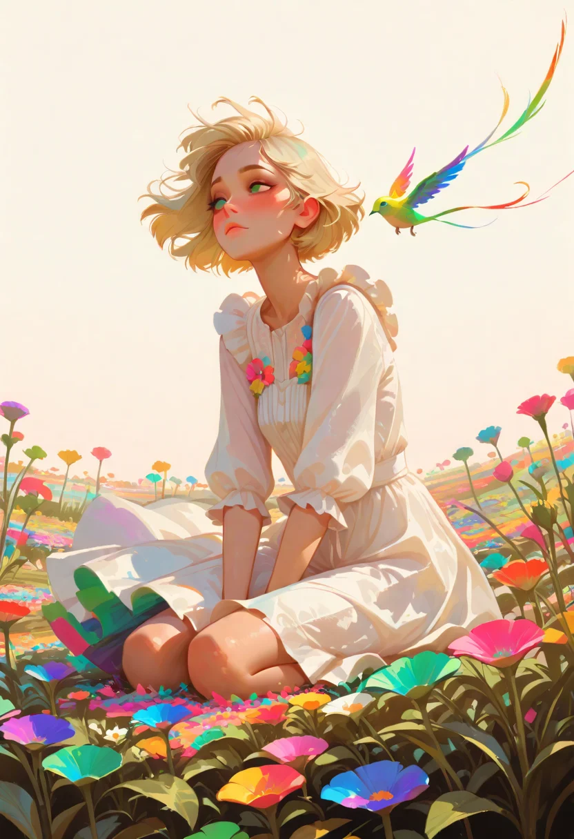 Artist : Tsuaii, Artist : Incase, flat colors, high detailed, high quality, masterpiece, best quality, very awa, absurdres, detailed eyes, detailed face, detailed skin, simple background, BREAK
(colorful:1.3), (cute character:1.5), 1girl sitting in flower field, long blonde hair, hair flying in wind, windy, big emerald green eyes, white dress with ruffles, tall flowers, detailed background, soft pastel colors, warm and sunny atmosphere,, BREAK
<lora:ponyv6_noobV1_2_adamW-000017:0.9> <lora:748cmSDXL:0.8> <lora:DetailedEyes_V3:1> <lora:FINALE:0.5> <lora:noobai_vpred_1_masterpieces_v1:1>
