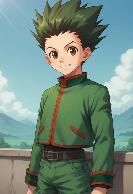 score_9, score_8_up, score_7_up, source_anime, highly detailed,
gonfreecs, solo, 1boy, male focus, green hair, spiked hair, shorts, smile, upper body, brown eyes,  belt, looking at viewer, jacket, green jacket,
outdoor, sky,