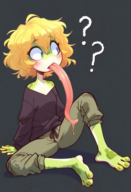 score_9, score_8_up, score_7_up, score_6_up, score_5_up, score_4_up, (solo:1.2), cute, adorable, (adult:1.2), slim, (small breasts, bottom heavy), (confused, blush lines, looking aside, sitting on the ground), (long tongue, tongue out, (holding tongue in hands:1.2)), (short), (fr0g, frog skin, frog feet, webbed hands, webbed feet:1.35), (fuzzy boyish hair, blonde hair, unkempt disheveled hair, (fluffy hair, bushy hair:1.2)), (slimy, slimy skin, shiny skin, glossy skin, wet), (unkempt, disheveled), (casual shirt, baggy oversized shirt, tight pants, long sleeves), (sketch:1.2), (simple background:1.2)