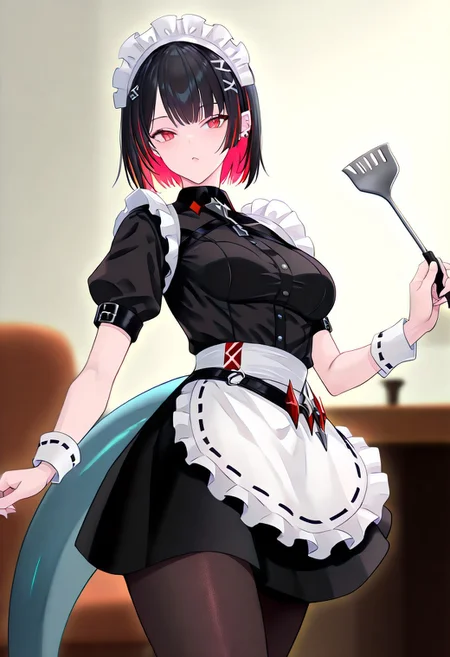 score_9, score_8_up, score_7_up, score_6_up, score_5_up, score_4_up, source_anime, solo, 1girl,
ellen joe, black hair, colored inner hair, multicolored hair, red eyes, red hair, short hair, two-tone hair, apron, black pantyhose, black shirt, black skirt, ear piercing, fins, fish tail, maid, maid apron, maid headdress, pantyhose, piercing, puffy short sleeves, puffy sleeves, shark girl, shark tail, shirt, short sleeves, skirt, tail, two-tone hair, wrist cuffs,
masterpiece, best quality, very aesthetic, absurdres,