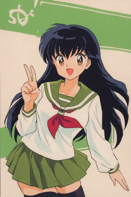 Higurashi Kagome,1girl,skirt,solo,school uniform,long hair,black hair,green skirt,smile,serafuku,open mouth,pleated skirt,neckerchief,looking at viewer,sailor collar,brown eyes,thighhighs,long sleeves,v,white shirt,shirt,green sailor collar,red neckerchief,:d,cowboy shot,black thighhighs,traditional bowtie,<lora:Takahashi Rumiko_XL:0.8>,