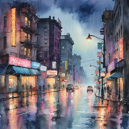 masterpiece, best quality, <lora:add-detail-xl:1> <lora:ArsMJStyle_-_Watercolor_SD_1.5_Pony:0.8> ArsMJStyle, Watercolor A moody cityscape at twilight, with rain-slicked streets reflecting the glow of street lamps and neon signs.