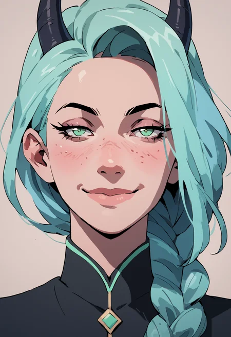 score_9, score_8_up, score_7_up, portrait, closeup, 1girl, dreamy eyes, ((devil horns)), mint blue hair, braided ponytail, freckles, light smile, half closed eyes,
<lora:scav3ngersV4_epoch_1:1.8>