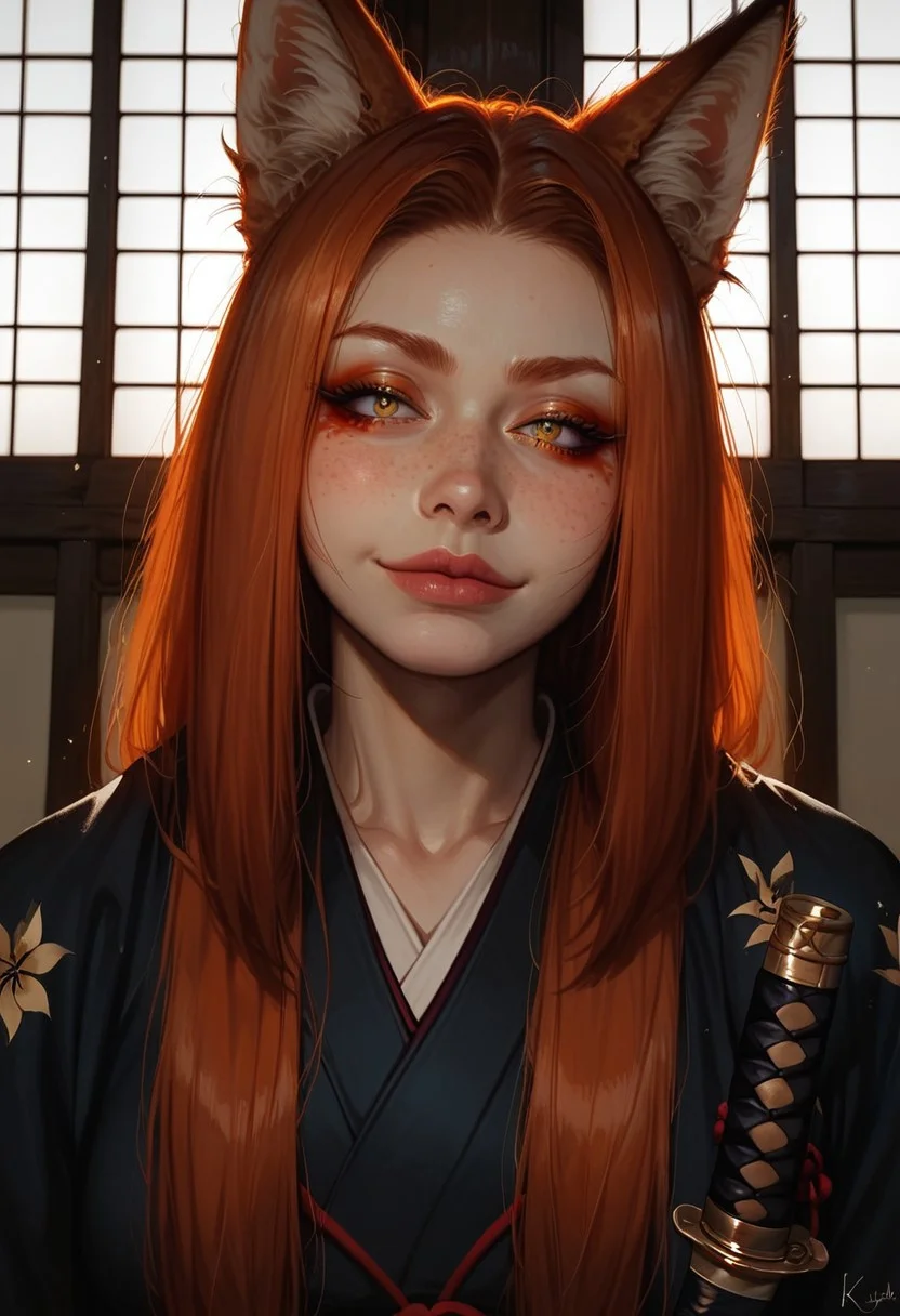 score_9_up, score_9, score_8_up, score_8, score_7_up, score_7, cinematic lighting, raw, high quality, 4k resolution, absurdres, masterpiece, dynamic lighting, high contrast, morimee_style, detailed face, 

1girl, solo, (kitsune), (fox ears), (mature), ((((pale skin)))), (yellow eyes), ((red makeup)), ((redhead hair)), freckles on face, freckles on shoulders, ((long hairs)), [[average breasts]], angry, (white japanese kimono), kneeling, (long nails), ((holding katana, katana)), head tilt down, (smirking),

(close view), below view, (Sakura, garden, night)