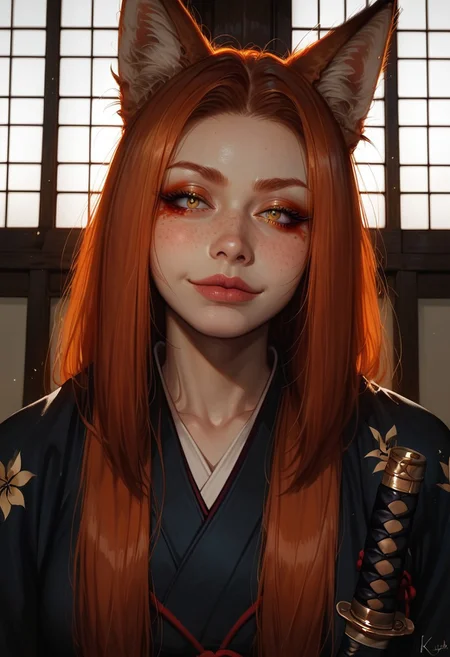 score_9_up, score_9, score_8_up, score_8, score_7_up, score_7, cinematic lighting, raw, high quality, 4k resolution, absurdres, masterpiece, dynamic lighting, high contrast, morimee_style, detailed face, 

1girl, solo, (kitsune), (fox ears), (mature), ((((pale skin)))), (yellow eyes), ((red makeup)), ((redhead hair)), freckles on face, freckles on shoulders, ((long hairs)), [[average breasts]], angry, (white japanese kimono), kneeling, (long nails), ((holding katana, katana)), head tilt down, (smirking),

(close view), below view, (Sakura, garden, night)