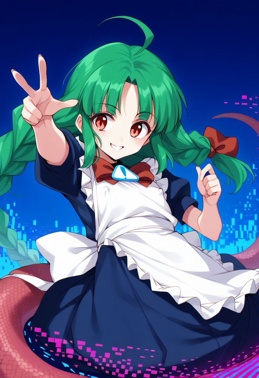 score_9, score_8_up, score_7_up, score_6_up, 1girl, solo, me-tan, bright green hair, ahoge, twin braids, blue dress, red bow, white apron, puffy short sleeves, flat chest, evil smile, monster girl, red eyes, lamia, corrupted. blue background, Glitch Aesthetic, dynamic pose, dynamic angle, dutch angle, glitchy, covered erect nipples, chromatic aberration, retro glitch, anamorphic lens distortion style