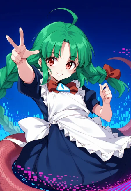 score_9, score_8_up, score_7_up, score_6_up, 1girl, solo, me-tan, bright green hair, ahoge, twin braids, blue dress, red bow, white apron, puffy short sleeves, flat chest, evil smile, monster girl, red eyes, lamia, corrupted. blue background, Glitch Aesthetic, dynamic pose, dynamic angle, dutch angle, glitchy, covered erect nipples, chromatic aberration, retro glitch, anamorphic lens distortion style