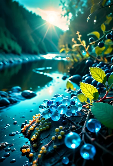 (8k analog nature photography:1.2),
(a beautiful landscape:1.1) with a river in the distance,
shiny sapphire (crystal:1.2) berries ,
<lora:Bio-Luminescence:1> bioluminescent