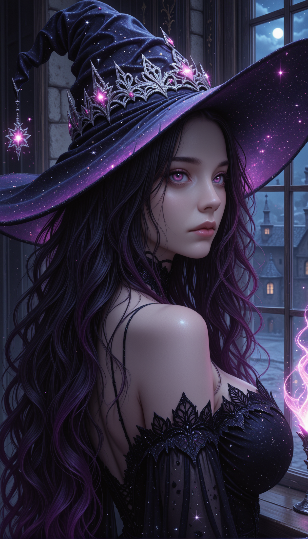 1girl, woman, portrait, curves, large breasts, small waist, dark velvet dress, off the shoulder, see through sleeves, Glitter, summon magic, magical spell, black wavy hair, very long hair, haute couture, dark velvet witch hat, face focus, upper body view, dynamic angle, over the shoulder view, side back view, dark, night, dim, Glitter, Scattered shimmer, modern, open window, fairytale landscape, masterpiece, best quality, amazing quality, very aesthetic, absurdres, detailed eyes, newest, realistic, <lora:PinkieDarkCanvasIL-V2:0.7>, pinkdarkcanvas,