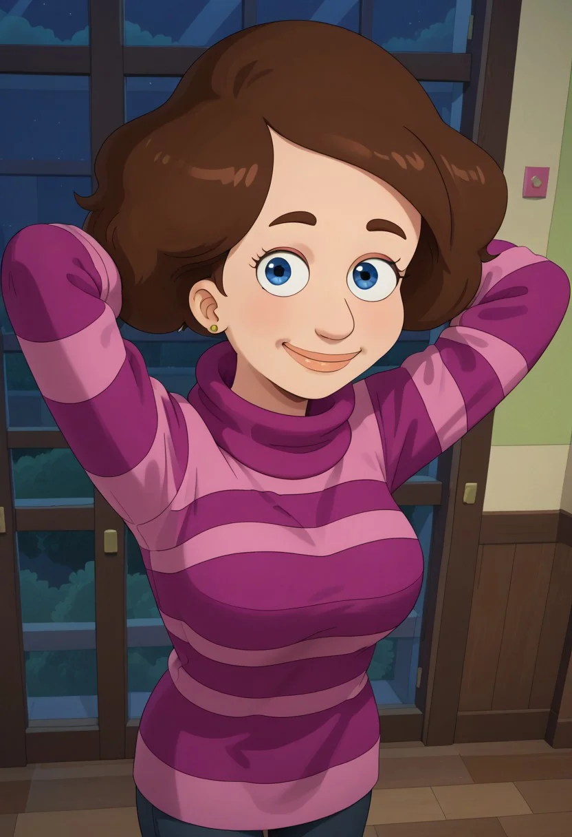 ((room background)),score_9, score_8_up, score_7_up,score_6_up, (detailed face and eyes:1)
1girl, Solo, Bernie_BM, light skin, blue eyes, dark brown eyebrows, voluminous wavy bob cut, short hair, dark brown hair, pink and purple striped turtleneck sweater, navy blue skinny pants, light brown winter boots, big eyes, cute, medium height, social smile, perfect eyes, perfect smile, looking at the viewer, detailed eyes, perfect eyes, standing, big breasts (front pose, front view, full body shot, high angle view:1) five fingers, perfect hands, (hands behind head)