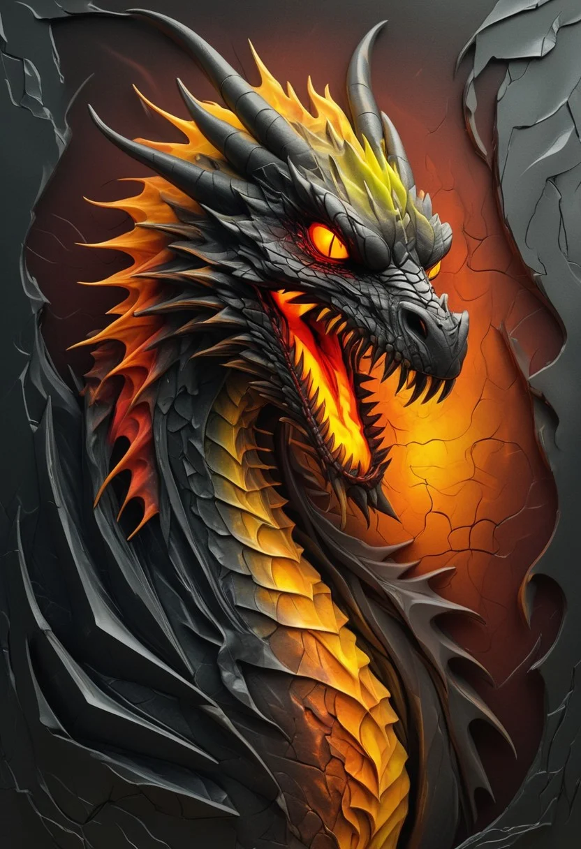 Halloween Portrait of a Fire Wraith Dragon, Abstract Satin Style, Dark Gradients of Fiery Orange, Deep Red, and Charcoal Black, Flames Emanating from Cracks in Scales, Neon Yellow Eyes with Sharp Claws, Glossy Finish, Capturing a Fiery and Fearsome Halloween Presence