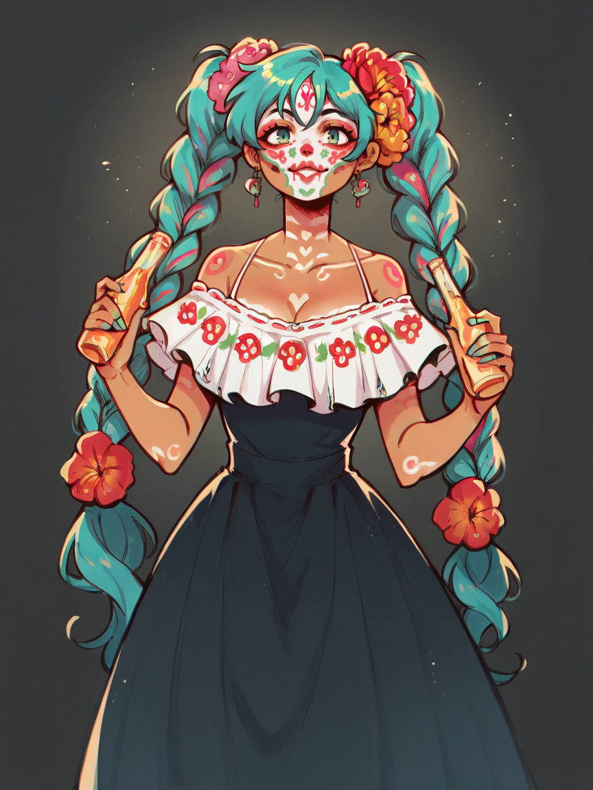 score_9, score_8_up, score_7_up, score_6_up, score_5_up,  <lora:MexicanHatsuneMikuXLP2:0.65> mexican hatsune miku, 1girl, solo, twin braids, multicolored hair, tan skin, curvy, hair flower, dod, La Catrina face paint, sugar skull face paint, spooky, black background, dress, colourful