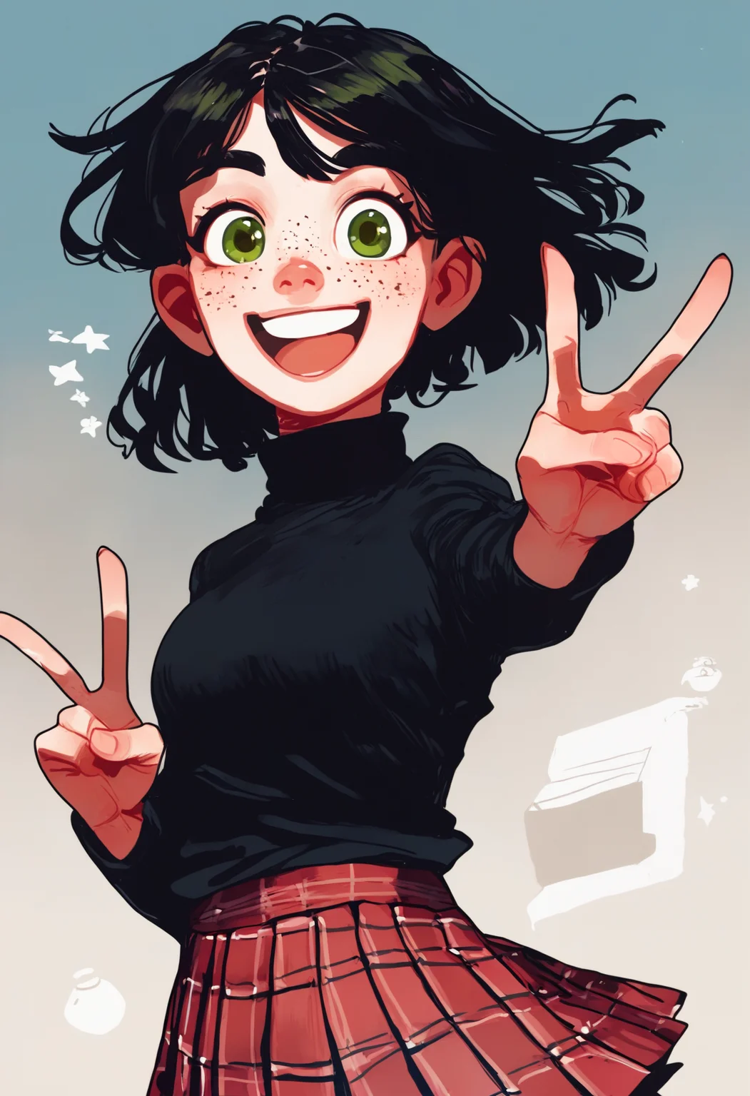 score_9_up, source_ anime, opossumachine_style,ratatatat74_style, 1girl, freckles,smile, happy,green eyes,black hair, black turtleneck sweater, black pleated skirt, plaid skirt, cowboyshot, v,