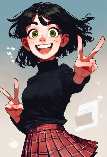 score_9_up, source_ anime, opossumachine_style,ratatatat74_style, 1girl, freckles,smile, happy,green eyes,black hair, black turtleneck sweater, black pleated skirt, plaid skirt, cowboyshot, v,