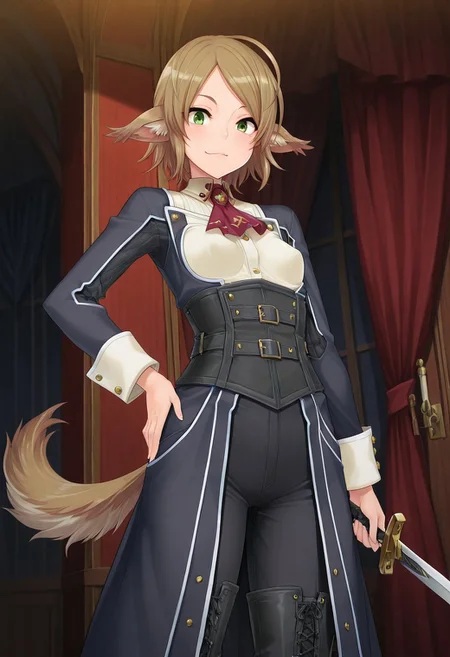 (1girl, solo) noa riads, animal ears, Green Eyes, tail, brown hair, short hair, Pretty eyes, , 1girl, solo,, brown hair,, fluffy tail, ahoge, animal ears, dog ears, small breasts, swept bangs , green eyes, animal ears, tail, , ,
Eye focus , shiny skin, shiny body, shiny hair, (best quality) , (highly detailed) ,((masterpiece)), ((best quality)), (ultra-detailed), ((extremely detailed)), (high resolution), 4K, (8K), best quality, (beautiful), (dynamic lighting), (super detailed skin), sharp focus,detailed eyes、detailed face and detailed skin detailed eyes、detailed face and detailed skin, , clear skin, shiny hair, ultra detailed eyes, depth of field, sharp, intricate details, hyperdetailed, ,
, best quality, (beautiful), (dynamic lighting) (standing, 3/4 view), perfect face, beautiful face, defined cheekbones, defined jawline, confident expression, narrow eyes, one hand on hip, perfect hands, black coat with decorative golden symbols, black leather underbust corset, black trousers, black boots, sword, sword on hip,
,, shindol style