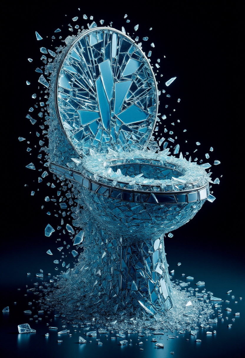 <lora:Glass_Fracture_Former_FLUX-000017:1>
This is a digital artwork featuring a stylized, surreal image of a toilet made entirely of shattered glass.
