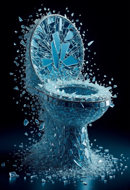 <lora:Glass_Fracture_Former_FLUX-000017:1>
This is a digital artwork featuring a stylized, surreal image of a toilet made entirely of shattered glass.