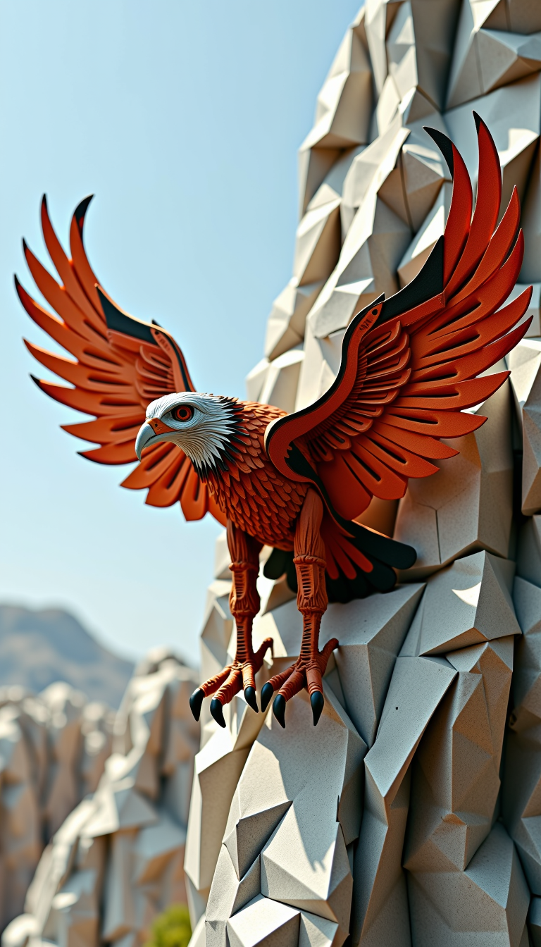 <lora:PaperStyleFlux:0.75>Made out of paper, a PaperStyle a mechanical spy eagle launching from a cliffside hangar, papercraft, crumpled paper