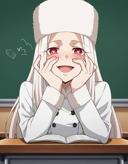 score_9, score_8_up, score_7_up, source_anime, <lora:irisviel-von-einzbern-zero-anime-ponyxl-lora-nochekaiser:1>, irisviel von einzbern, long hair, red eyes, white hair, parted bangs, hair intakes, mature female,, hat, coat, fur trim, white headwear, white coat, winter clothes, fur hat, winter coat,, classroom, chalkboard, daytime, studying, sitting, chair, desk, smile, <lora:yandere-trance-ponyxl-lora-nochekaiser:1>, yandere trance, yandere, hands on own cheeks, hands on own face, crazy eyes, crazy smile, crazy, heart-shaped pupils, glowing eyes, symbol-shaped pupils, hand on own face, open mouth, glowing, blush, looking at viewer,, looking at viewer, solo,, dutch angle, cowboy shot