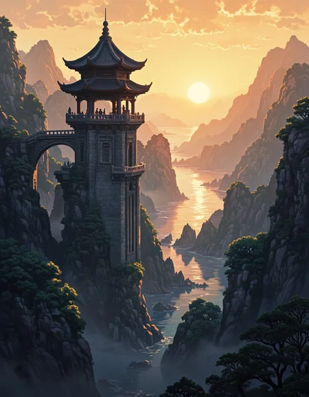 A towering pavilion stands between the mountains, the sunset scene, the sunset shines on the river, showing golden yellow, flowing to the endless sea, standing on the attic, you can see the sea