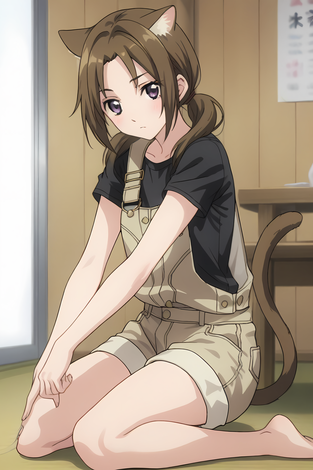 (short overalls black shirt:1.50), cpc-ichika, brown hair, short hair, low twintails, parted bangs, purple eyes,
1girl, solo, skinny, (source_anime, score_9, score_8_up, score_8, score_7_up), score_7, score_6_up, score_6, score_5_up, score_5, 
(blush:1.10),
(indoors:1.10),
(full body:1.40), (feet:1.20),
cat ears cat tail, 
medium breasts
<lora:cpc-ichika-V02-000003:0.80>