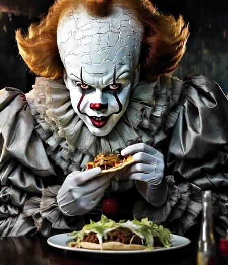 pennywise a creepy clown eating tacos, in a restaurant, dark ambient cinematic <lora:Pennywise:0.7>