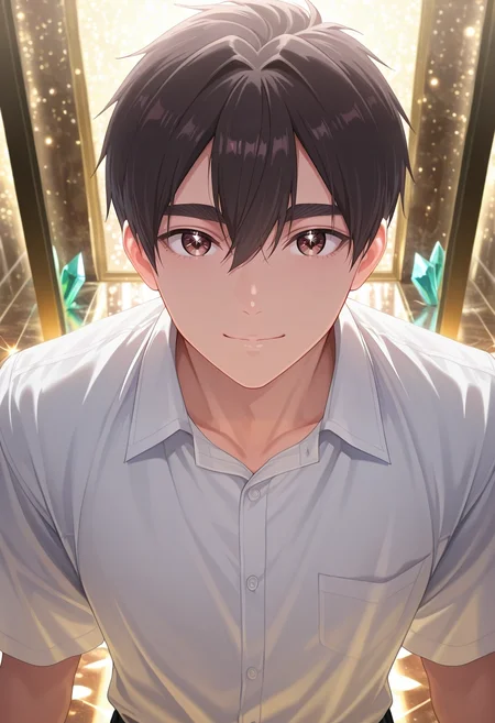 masterpiece, best quality, , (realistic:0.6), looking at viewer, 1boy, solo, male focus, <lora:rentarou_aijou_ilxl:0.92>, rentarou_aijou, black hair, brown eyes, short hair, hair between eyes, bangs, crystal grotto, reflective walls, gemstone pools, sparkling paths, admiring pose, enchanted expression, rainbow lighting, button-up shirt,