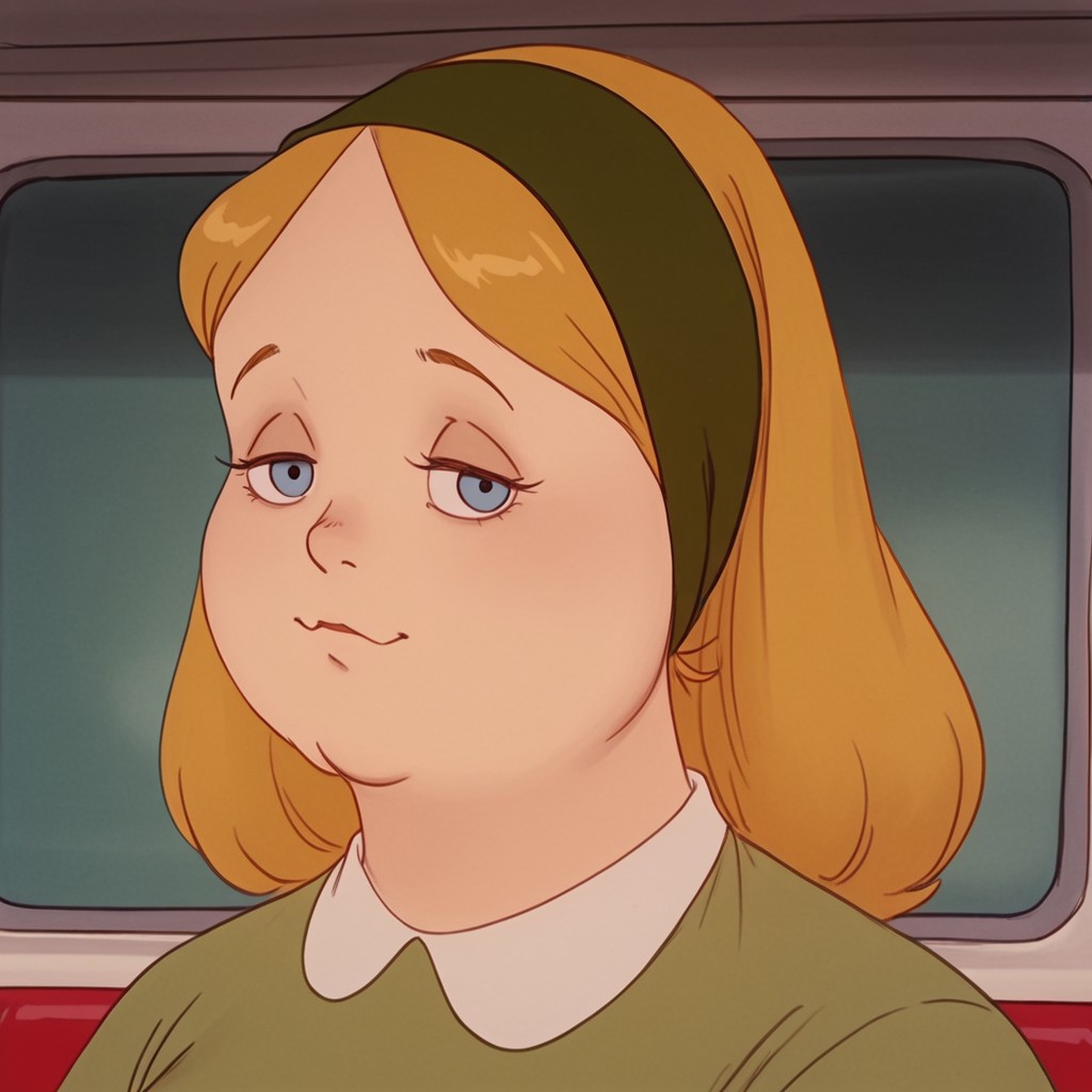 (evahgl, 1girl, fat female, blonde hair, blue eyes, green shirt with white collar, green skirt, green hairband, white socks, brown shoes), 2d, portrait view, eyes half closed, looking at viewer, 50s diner