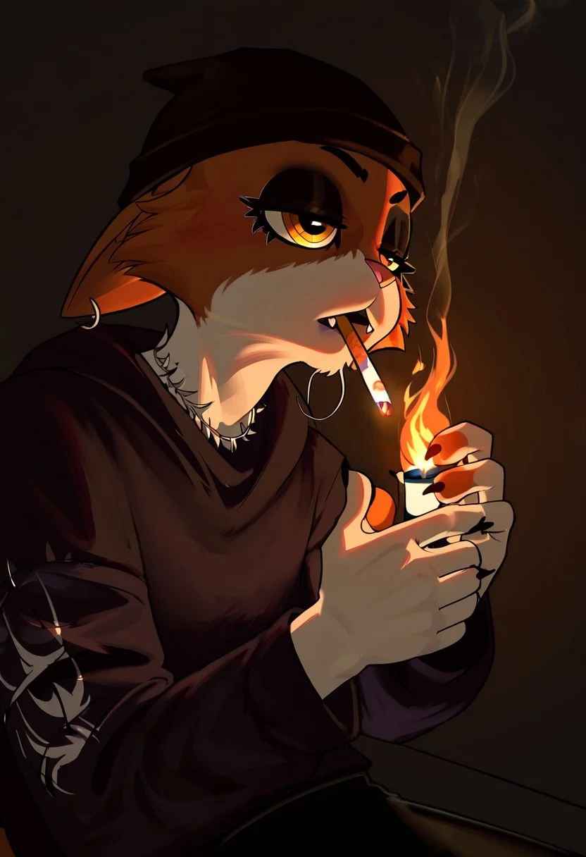 meowskulls, best quality, amazing quality, very aesthetic, absurdres, hand, cigarette, smoking, mouth hold, fire, lighter, holding,