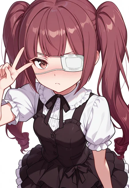 Smooth Quality,masterpiece,very intricate, high quality details, ultra realistic, high detailed skin,detailed enviorement,absurdres,
v,
<lora:Hanazono_Yurine_CNR:0.8> yurine_cnr, brown hair,very long hair, brown eyes, medical eyepatch, frown, twintails, drill hair,, simple background, white background, dynamic angle,solo,, drunk,, waistcoat, ,bustier, ,layered skirt,,