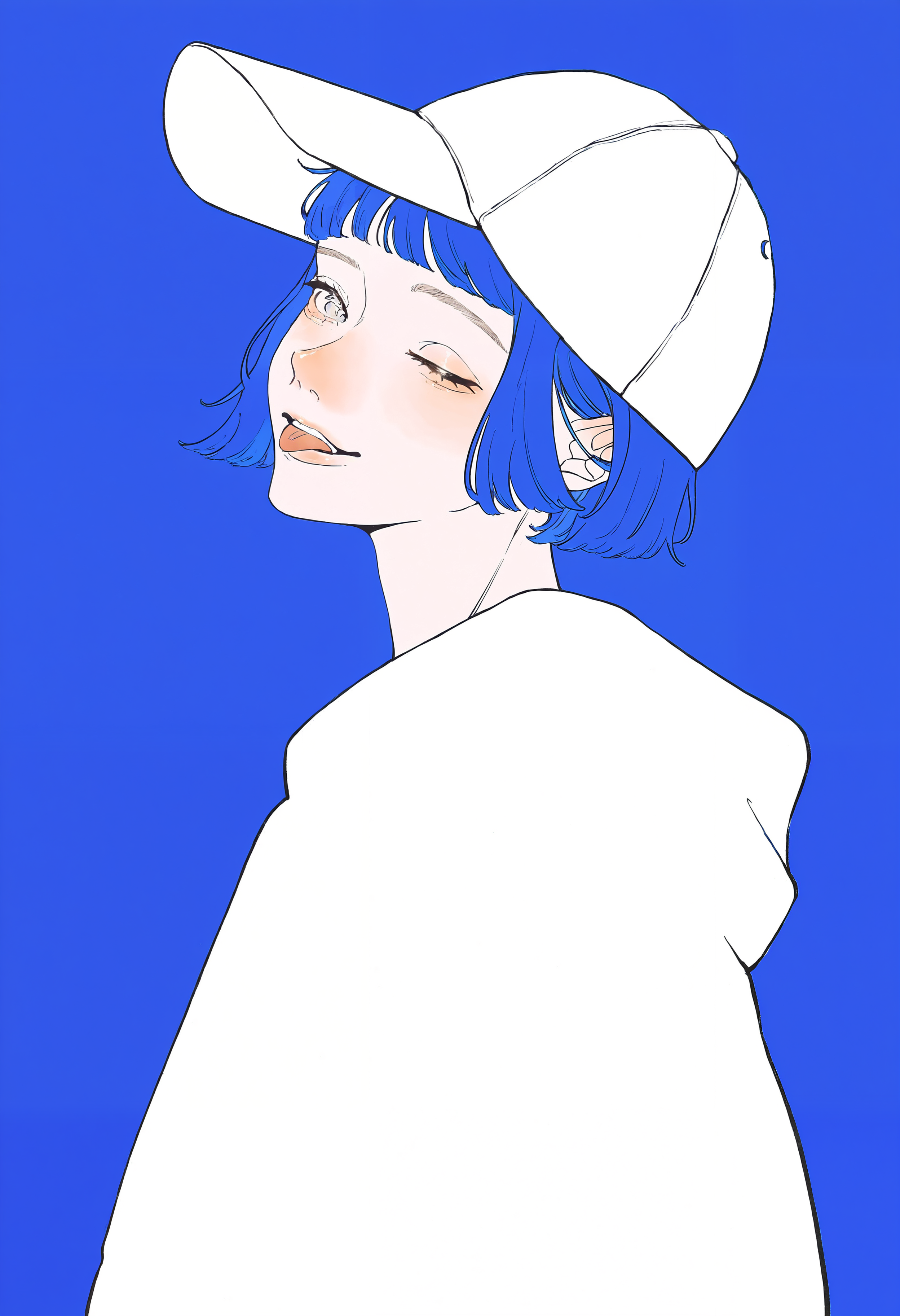 masterpiece, highres, absurdres, newest, very awa, blending,   1girl, solo, blue hair, short hair, short bangs, side view, baseball cap, sweater, looking at viewer, head tilt, :p, wink, blue background,   <lora:spo_sdxl_10ep_4k-data_lora_webui>,  <lora:TA_trained:0.35>,  <lora:NOOB_EPSv1_1_detailer_by_vlnvk_v0_5>,  <lora:shim_46:0.8>
