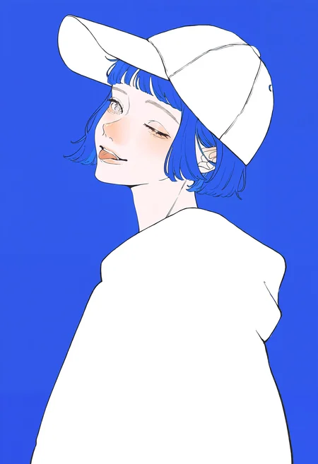 masterpiece, highres, absurdres, newest, very awa, blending, 1girl, solo, blue hair, short hair, short bangs, side view, baseball cap, sweater, looking at viewer, head tilt, :p, wink, blue background, <lora:spo_sdxl_10ep_4k-data_lora_webui>, <lora:TA_trained:0.35>, <lora:NOOB_EPSv1_1_detailer_by_vlnvk_v0_5>, <lora:shim_46:0.8>