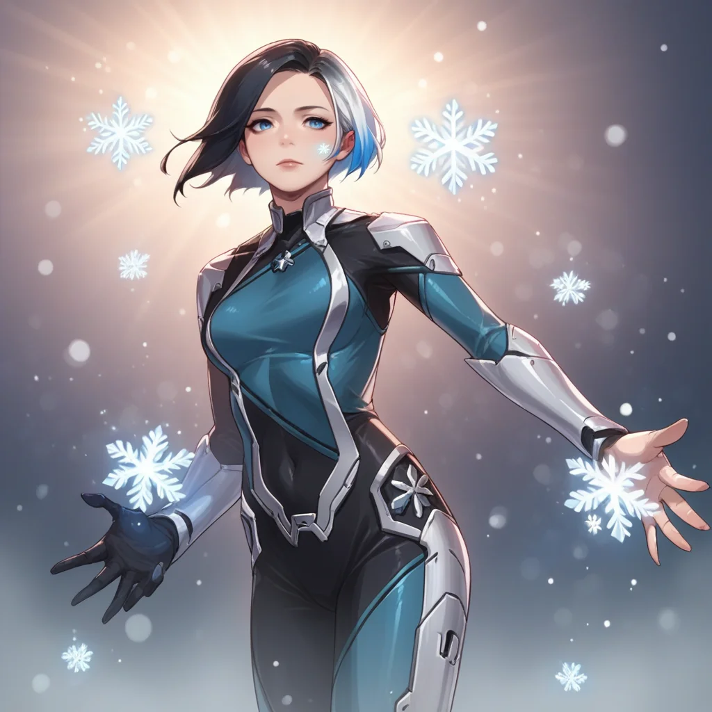 score_9, score_8_up, score_7_up, score_6_up, score_5_up, score_4_up, zPDXL2,source_anime,rating_questionable,1girl, solo, <lora:Luna_Snow_-_Marvel:0.8> lunasnow, short hair, multicolored hair, two-tone hair,blue eyes, bodysuit,mic, snowflakes,